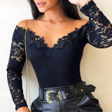 Elegant Women'S Black Off Shoulder Long Sleeve Lace Bodysuit