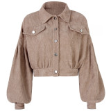 Fall/Winter Casual Turndown Collar Corduroy Jacket Lantern Sleeve Single Breasted Short Women Jacket