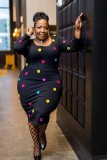 Women'S Plus Size Long Sleeve Button Decorated U-Neck Solid Color Midi Dress