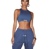 Summer Women'S Solid Slim Fit Sleeveless Crop Vest Loose Straight Casual Shorts Sports Two Piece Set