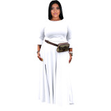 Fall Winter Plus Size Women'S Casual Solid Color Long Sleeve Pocket Slit Loose Skirt Two Piece Set