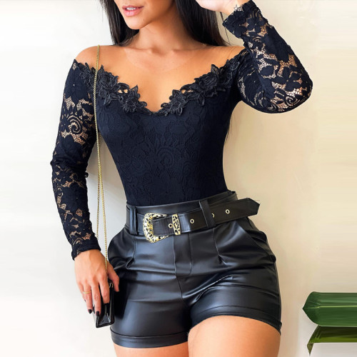 Body de encaje de manga larga con hombros descubiertos para mujer elegante negro