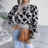 Women'S Fall/Winter Casual Leopard Slim Waist Knitting Short Sweater