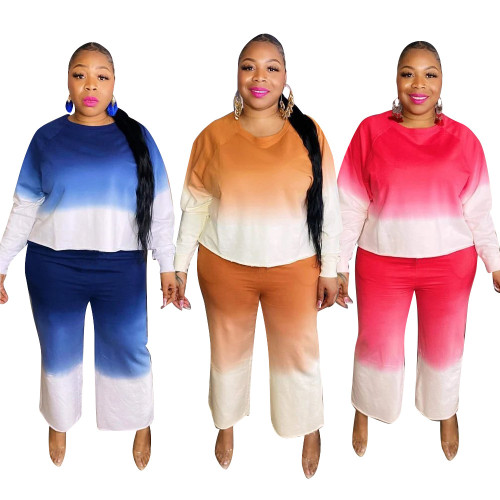 Plus Size Women'S Fall Loose Gradient Print Long Sleeve Two-Piece Pants Set