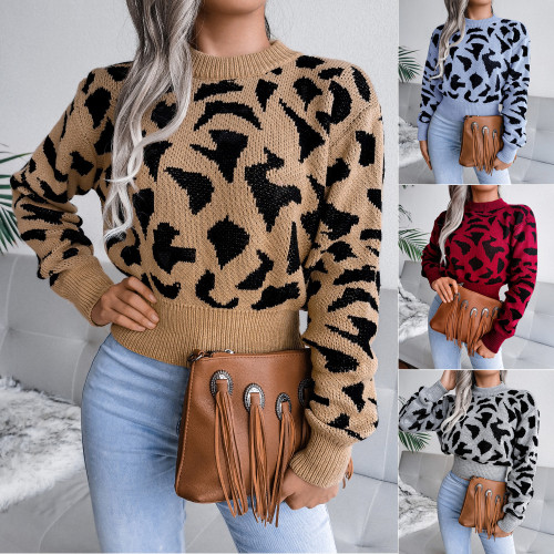 Женский осенне-зимний повседневный вязаный короткий свитер с леопардовым принтом и тонкой талией