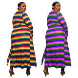 Plus Size Women'S Fashion Stripe Print Long Sleeve Coat Dress Two-Piece Set