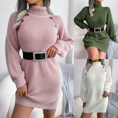 Fall/Winter Women'S Casual Button Turtleneck Long Sleeve Basic Sweater Dress