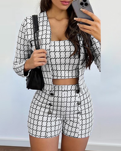 Women'S Black And White Plaid Long Sleeve Blazer Jacket Shorts Sexy Suits