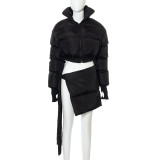 Winter Solid Color Zipper Sleeves Stand Collar Cotton Padded Jacket Lace-Up Short Skirt Women'S Suit