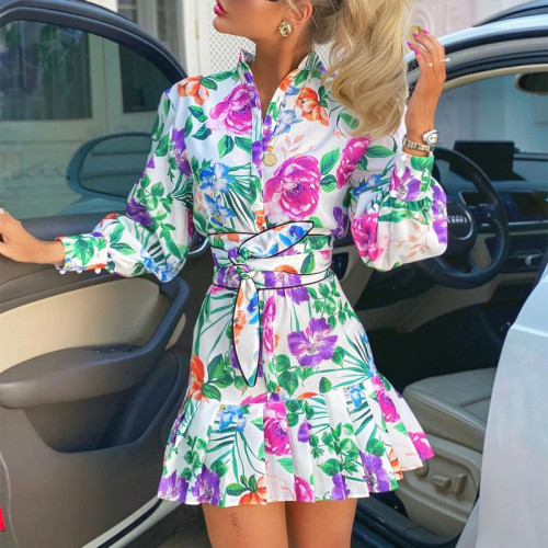 Women'S Fall Floral Printed Long Sleeve Shirt Pleated Dress