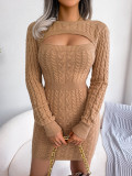 Autumn Winter Women'S Sexy Keyhole Long Sleeve Slim Waist Bodycon Sweater Dress