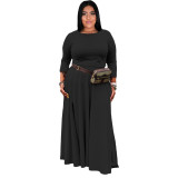 Fall Winter Plus Size Women'S Casual Solid Color Long Sleeve Pocket Slit Loose Skirt Two Piece Set