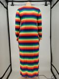Plus Size Women'S Fashion Stripe Print Long Sleeve Coat Dress Two-Piece Set