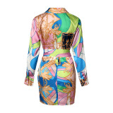 Women'S Autumn Multi-Color Pattern Print Long Sleeve Shirt Dress