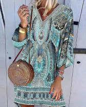 Herbst-Dreiviertel-Ärmel Boho-Print V-Ausschnitt Freizeitkleid