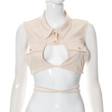 Women Turndown Collar Sleeveless String Lace-Up Crop Top