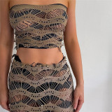 Women Fall Net Sexy Cutout See-Through Strapless Top+ Bodycon Skirt Two Piece