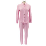 Women autumn solid color long-sleeved shirt + Pant two-piece set
