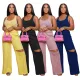 Women Sleeveless Bodysuit+ Ripped Wide Leg Pants Two Piece