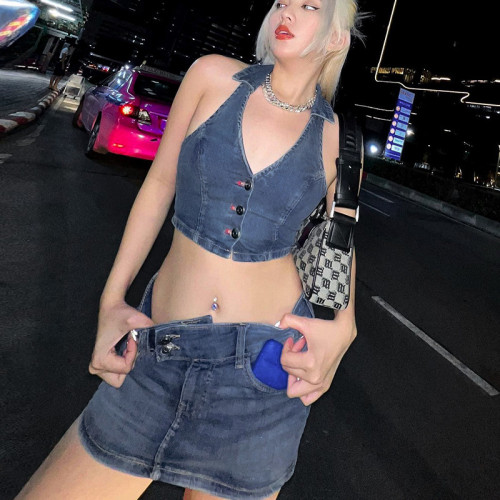 女性の夏のホルター ネック V ネック タンクトップ + セクシーなボディコン スカート デニム ツー ピース