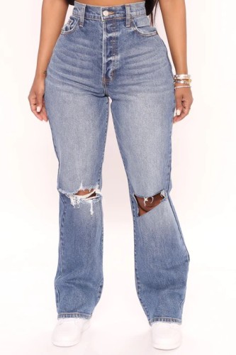Women Vintage Ripped Washed Denim Jeans Pant