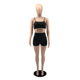 Women Summer Pleated Halter Crop Top+ Shorts Two-Piece Set