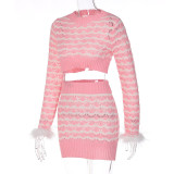 Women Fall Elegant Knitting Crop Top+ Skirt Two Piece
