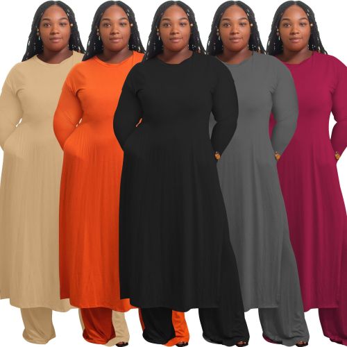 Плюс размер женщин сплошной цвет с длинным рукавом платье + брюки случайные из двух частей