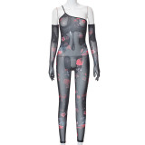 Women's Fall Fashion Floral Print Sexy See-Through One Shoulder Jumpsuit