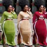 Plus Size Women's Boutique Fall Winter Maxi Dress Crown Round Neck Long Sleeve Striped Color Block Dress