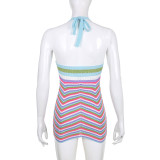 Multi-Color striped Color Block woolen Halter Neck lace-up skirt Holidays-inspired feminine dress