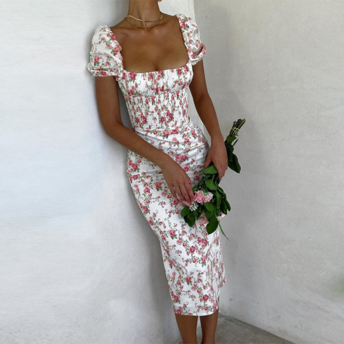 Женское милое модное платье с открытыми плечами и пышными рукавами с цветочным принтом