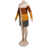 Gestreifter Mode-Maxi-Pullover für Damen, Mehrfarben-Farbblock-Strickjacke, Strickjacke