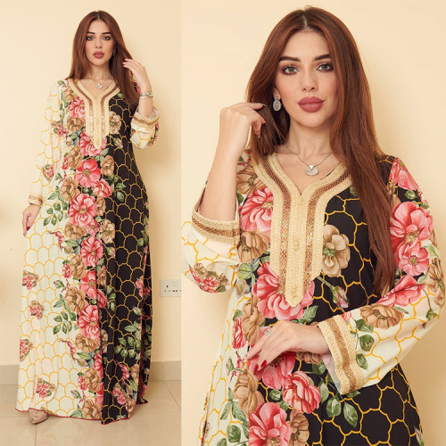 Swing Ethnic Lace Beaded Long Sleeve Loose abaya Positioning Print Muslim Dress