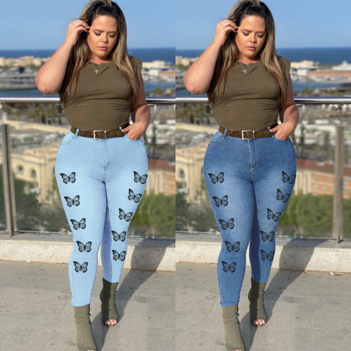 Calça jeans feminina com estampa de borboleta slim plus size