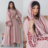 Fashion Street Summer Chiffon Long Muslim Embroidered Pink Round Neck Dress with Hijab