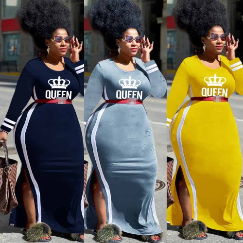 Artı Boyutu Kadın Butik Sonbahar Kış Maxi Elbise Taç Yuvarlak Yaka Uzun Kollu Çizgili Blok Renkli Elbise