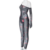 Women's Fall Fashion Floral Print Sexy See-Through One Shoulder Jumpsuit