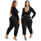 Fashion Plus Size Women Fashion Sexy V-Neck Solid Color Leggings Casual Two Piece Set