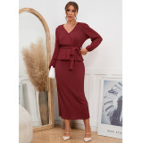 Sexy v-neck knitting suit skirt autumn and winter slim long-sleeved top + skirt two-piece set