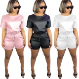 Summer Casual Shorts Two Piece pu Leather Short Sleeve Suit