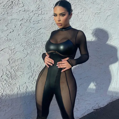 Women's Fall Fashion Patchwork Mesh Round Neck Back Zip Long Sleeve Jumpsuit
