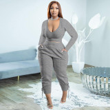 Fashion Plus Size Women Fashion Sexy V-Neck Solid Color Leggings Casual Two Piece Set