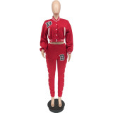 Women's Solid Color Baseball Uniform Two-Piece Breasted Pocket Tracksuit