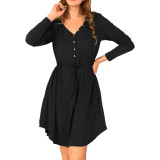 Autumn And Winter Women'S Solid Color V-Neck Fashion Long Sleeve  Button Belted Casual Dress