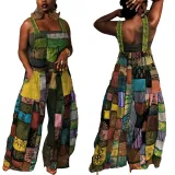 Women'S Printed Boho Bib Pants Strap Wide Leg Jumpsuit