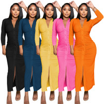 Vestido Maxi Ajustado Sim De Manga Larga De Color Sólido Fruncido Otoño/Invierno Para Mujer