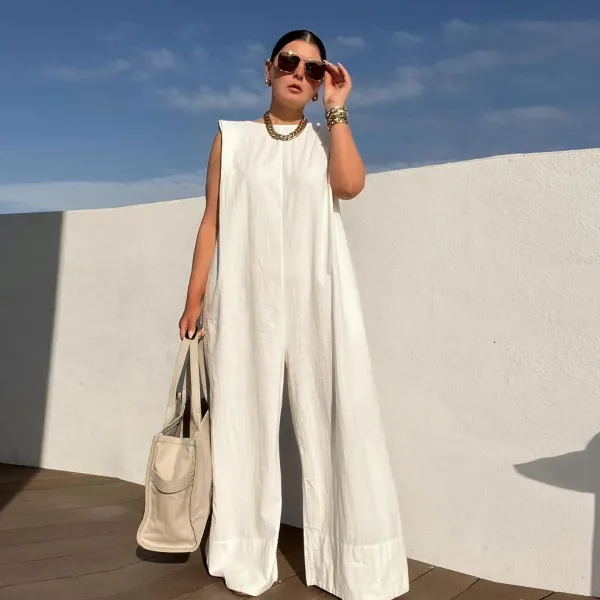 Casual Solid Sleeveless Wide Leg Loose Jumpsuit