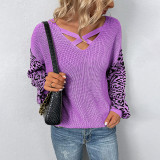 Women Leopard Print Patchwork Knitting Shirt Autumn And Winter Cross Neck Lantern Sleeve Sweater