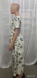Women Summer Blue Modest V-neck Short Sleeves Floral Print Belted Maxi Dress
